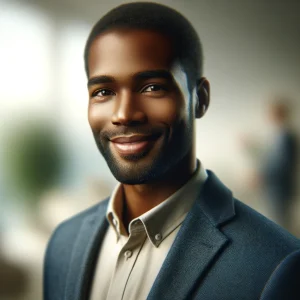 DALL·E 2024-05-14 09.20.56 - A photorealistic profile picture of an African American male speaker, dressed in a professional blazer over a collared shirt. He is smiling warmly wit